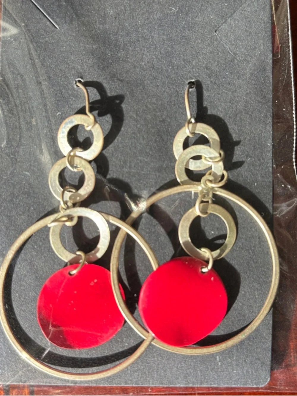 Silver-Tone Hoop Earrings with Red Disc Accent